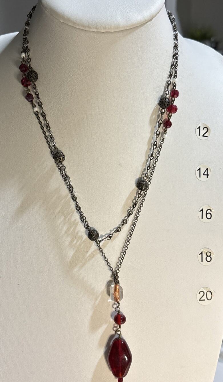 Lia Sophia Red Beaded Double Strand Pendant Necklace Filigree Boho Layered